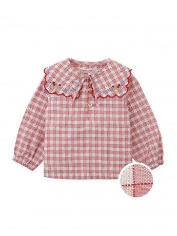 Baby Gracia Checkered Blouse with Poodle Embroidery and Scalloped Sailor Collar