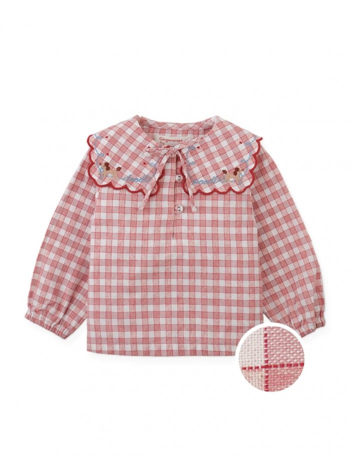 Baby Gracia Checkered Blouse with Poodle Embroidery and Scalloped Sailor Collar