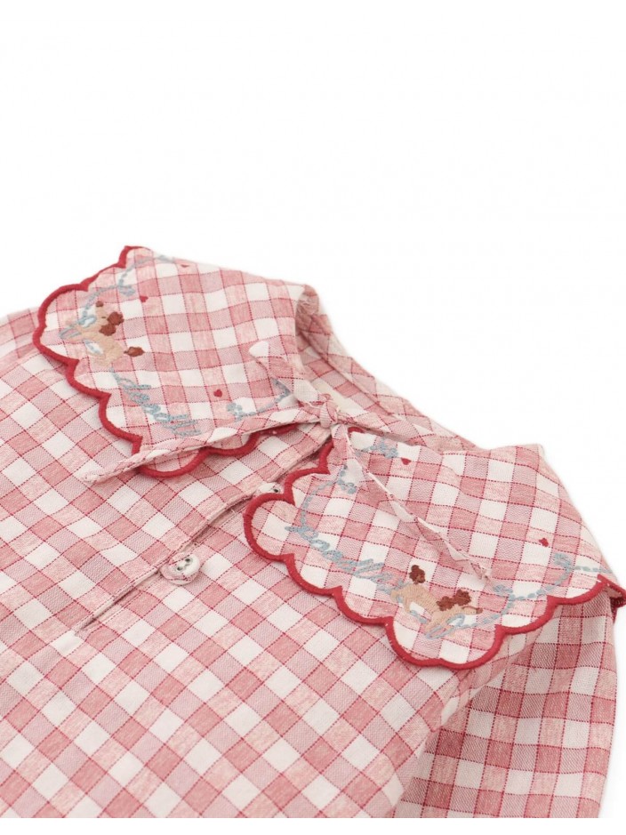 Baby Gracia Checkered Blouse with Poodle Embroidery and Scalloped Sailor Collar