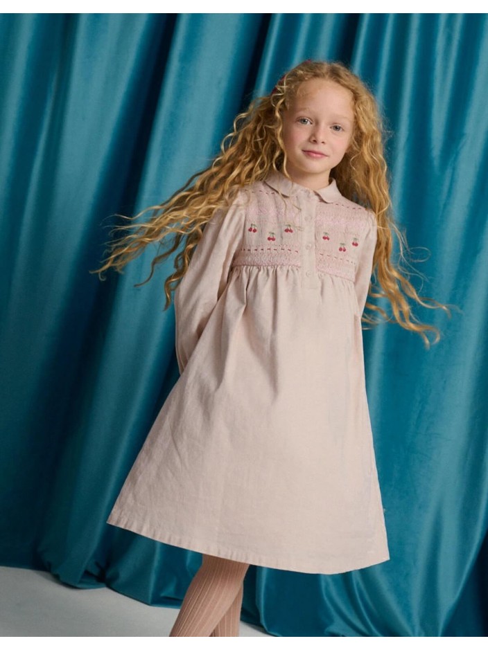 Dorethea Dress with Cherry Embroidered Hand-Smocked Bodice, Standing Collar, and Half Placket