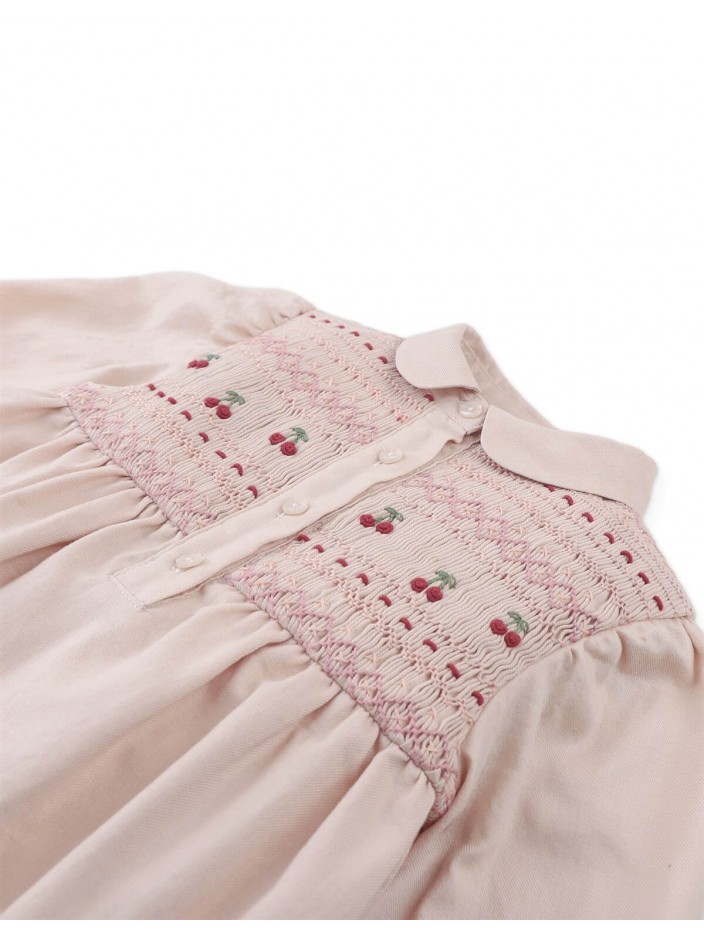 Dorethea Dress with Cherry Embroidered Hand-Smocked Bodice, Standing Collar, and Half Placket