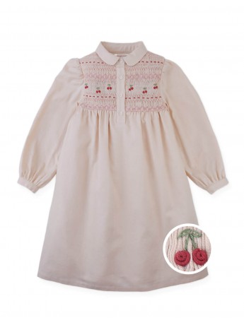 Dorethea Dress with Cherry Embroidered Hand-Smocked Bodice, Standing Collar, and Half Placket