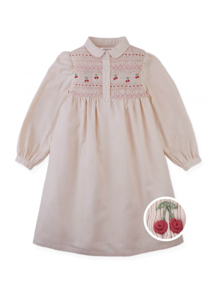 Dorethea Dress with Cherry Embroidered Hand-Smocked Bodice, Standing Collar, and Half Placket
