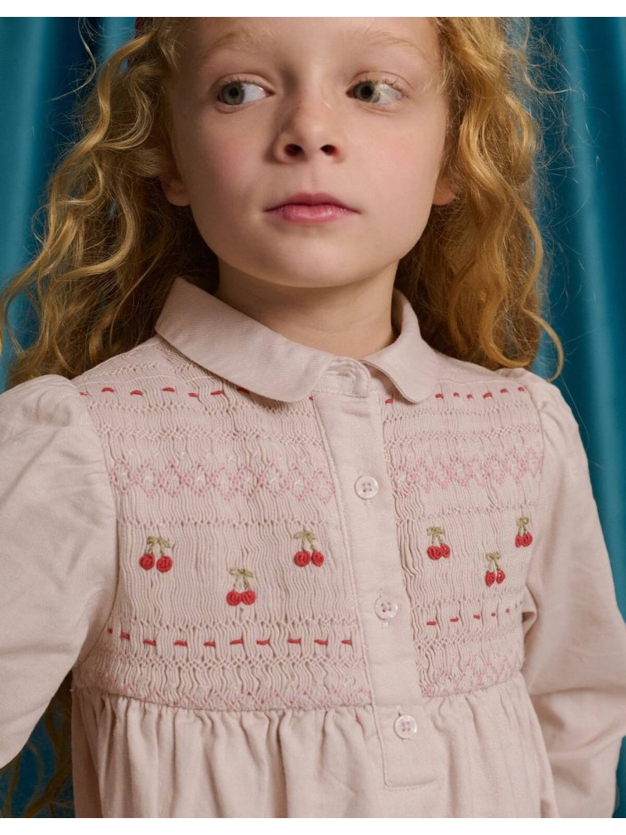 Dorethea Dress with Cherry Embroidered Hand-Smocked Bodice, Standing Collar, and Half Placket