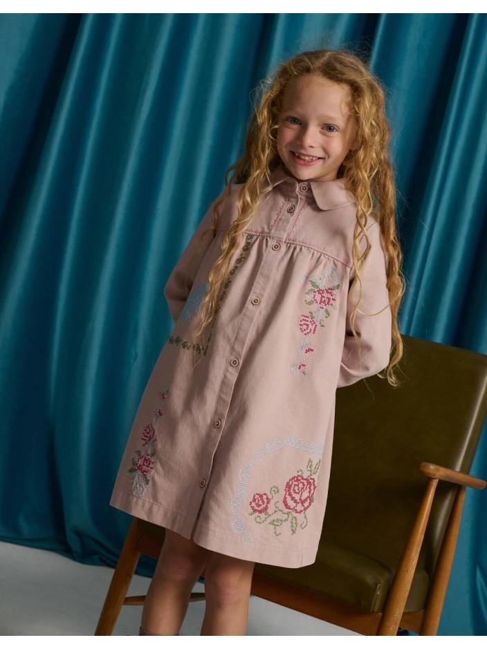 Minerva Shift Dress with Peter Pan Collar and Cross-Stitch Embroidery