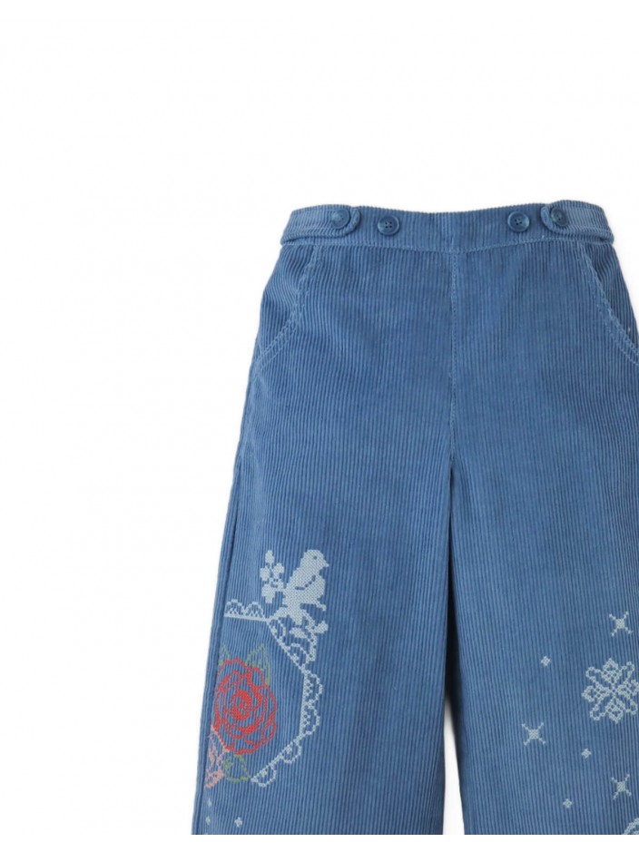 Gladys Wide-Leg Corduroy Pants with Rose Cross- Stitch Embroidery