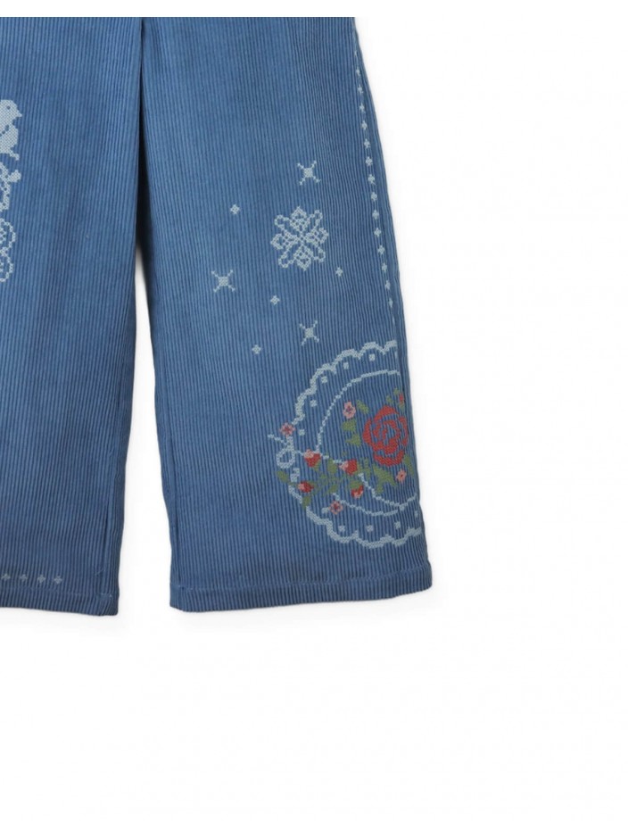 Gladys Wide-Leg Corduroy Pants with Rose Cross- Stitch Embroidery