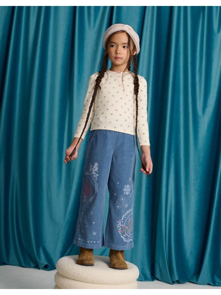 Gladys Wide-Leg Corduroy Pants with Rose Cross- Stitch Embroidery