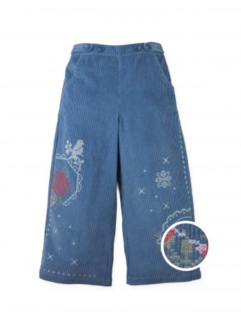 Gladys Wide-Leg Corduroy Pants with Rose Cross- Stitch Embroidery