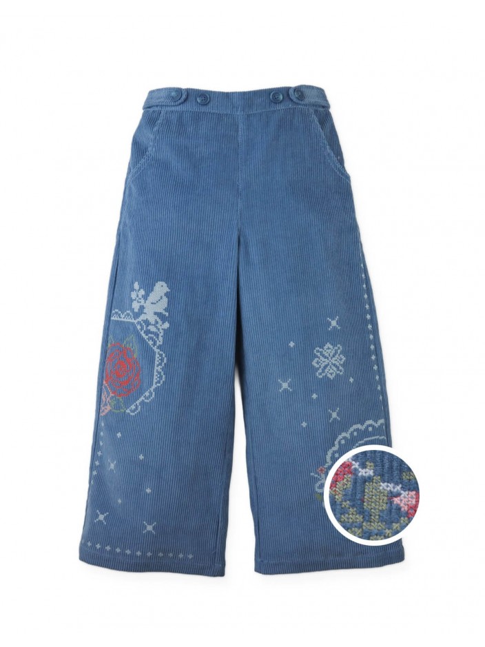 Gladys Wide-Leg Corduroy Pants with Rose Cross- Stitch Embroidery