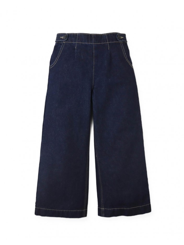 Christina Pull-On Wide-Leg Denim Jeans with Side Tabs and Pockets