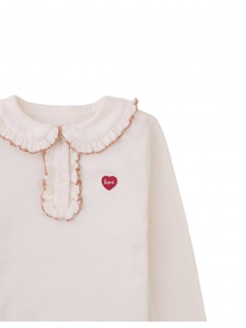 Geraldine Ribbed Tee with Collar and Embroidered Love Appliqué