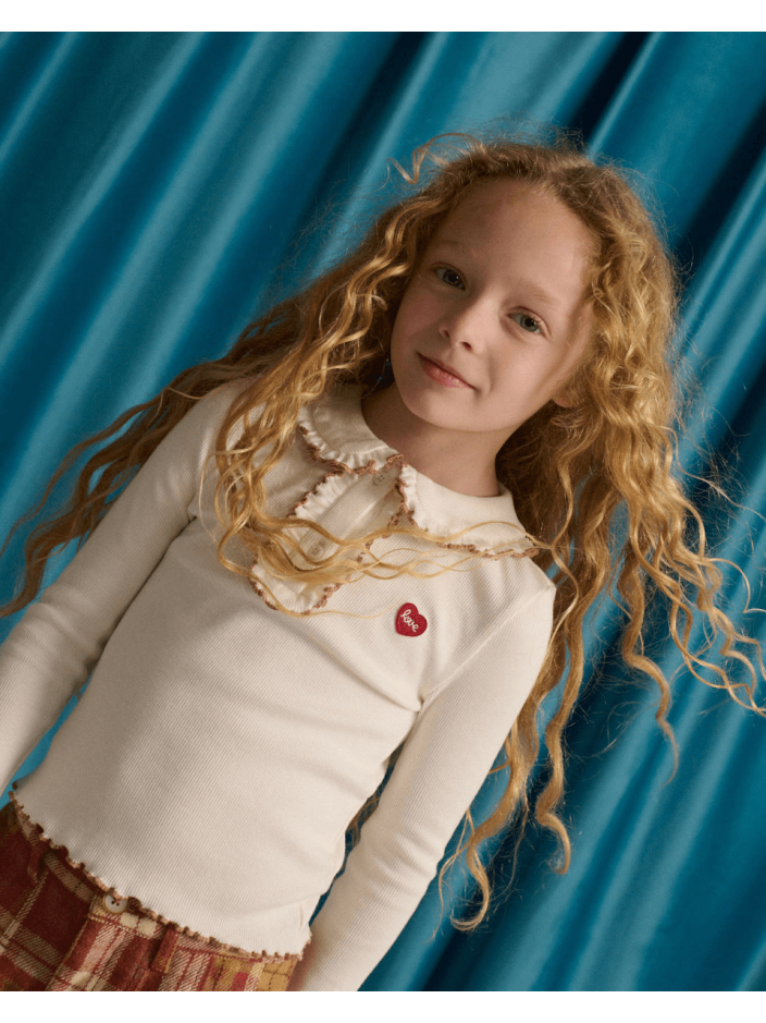 Geraldine Ribbed Tee with Collar and Embroidered Love Appliqué
