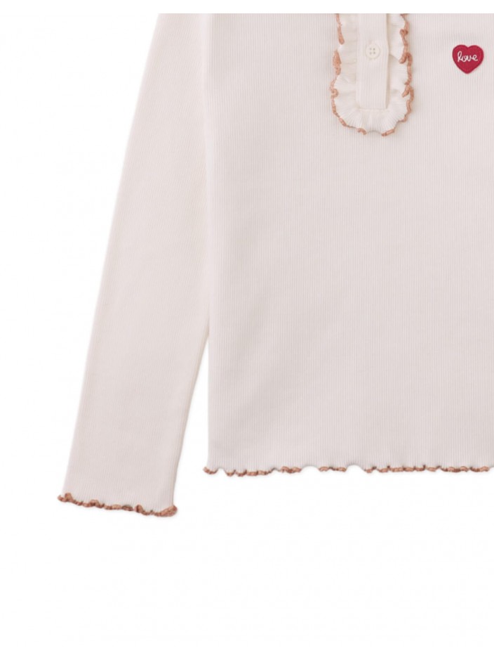Geraldine Ribbed Tee with Collar and Embroidered Love Appliqué