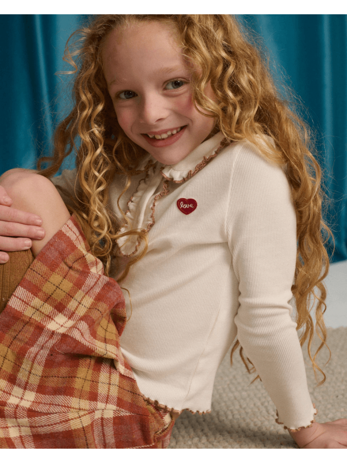 Geraldine Ribbed Tee with Collar and Embroidered Love Appliqué
