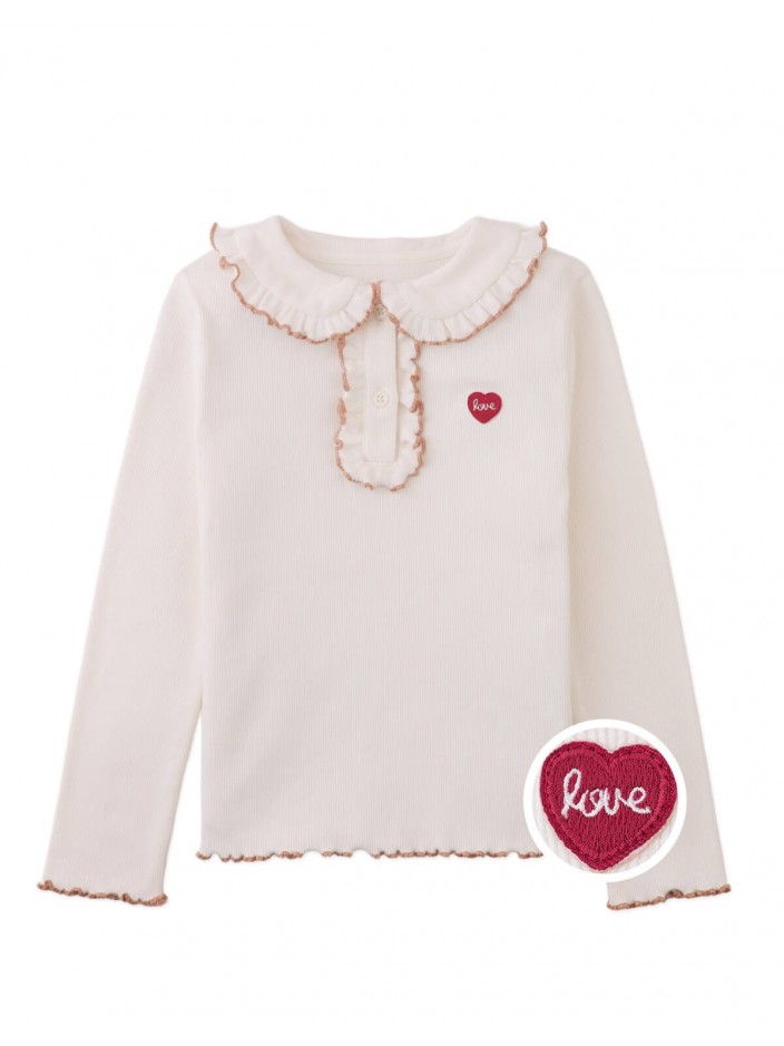 Geraldine Ribbed Tee with Collar and Embroidered Love Appliqué