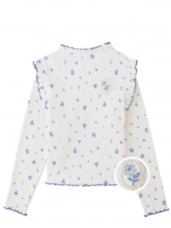 Drusilla Tee with Ruffled Shoulders and Cross-Stitched Flower Appliqué with Lace Trims