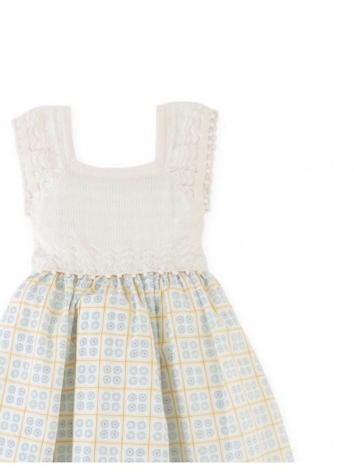 Samara Midi Dress with Pointelle Knit Bodice and Printed Skirt