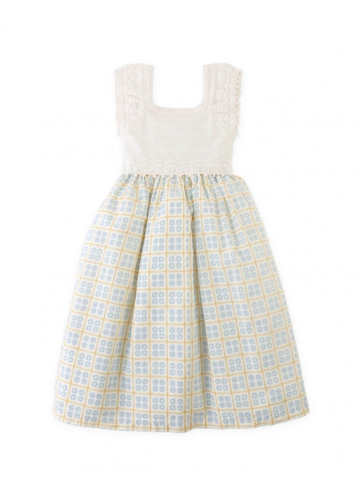Samara Midi Dress with Pointelle Knit Bodice and Printed Skirt