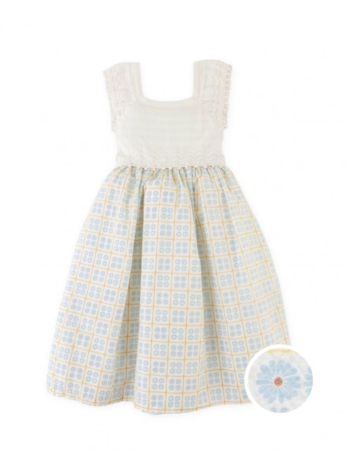 Samara Midi Dress with Pointelle Knit Bodice and Printed Skirt