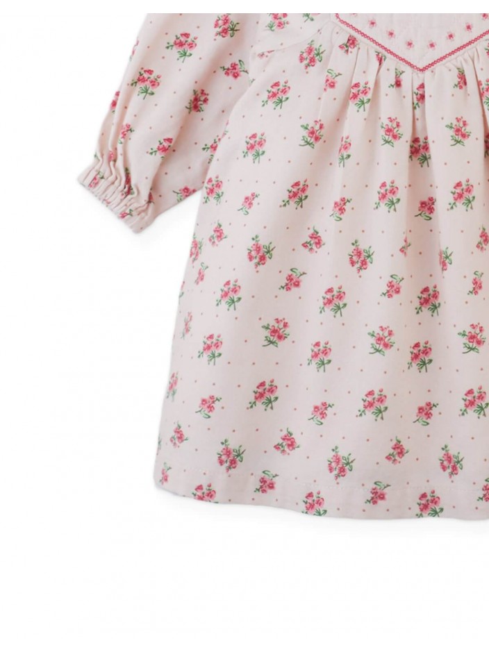 Baby Olivia Floral Printed Dress with Cross-Stitch Embroidery on Quilted Yoke