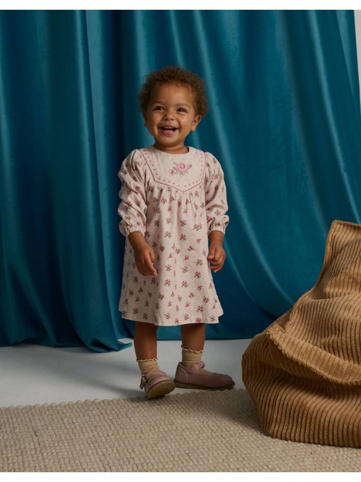 Baby Olivia Floral Printed Dress with Cross-Stitch Embroidery on Quilted Yoke