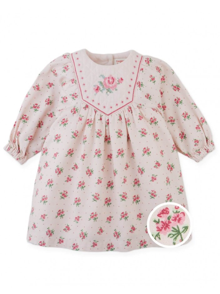 Baby Olivia Floral Printed Dress with Cross-Stitch Embroidery on Quilted Yoke