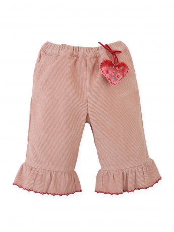Baby Bessie Pants with Scallop- Embroidered Hem, Ruffles, and Hand- Embroidered Velvet Heart Plushie