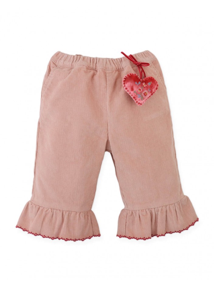 Baby Bessie Pants with Scallop- Embroidered Hem, Ruffles, and Hand- Embroidered Velvet Heart Plushie