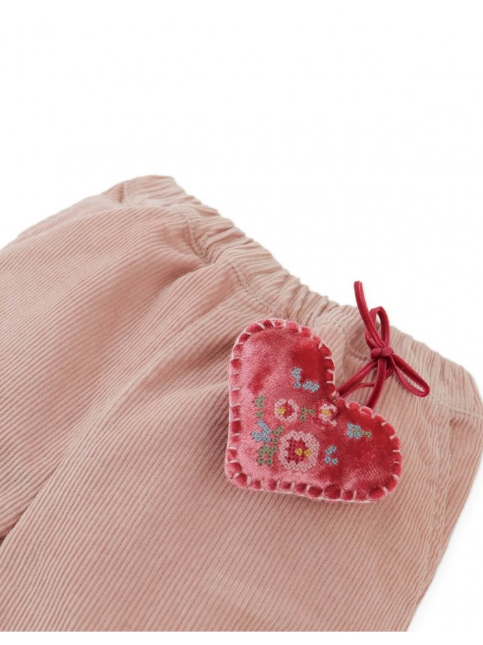 Baby Bessie Pants with Scallop- Embroidered Hem, Ruffles, and Hand- Embroidered Velvet Heart Plushie