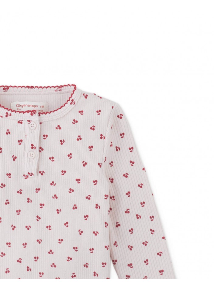 Baby Apolinaria Pointelle Ribbed Tee in All-Over Cherry Print with Button Placket & Ruffled Neckline