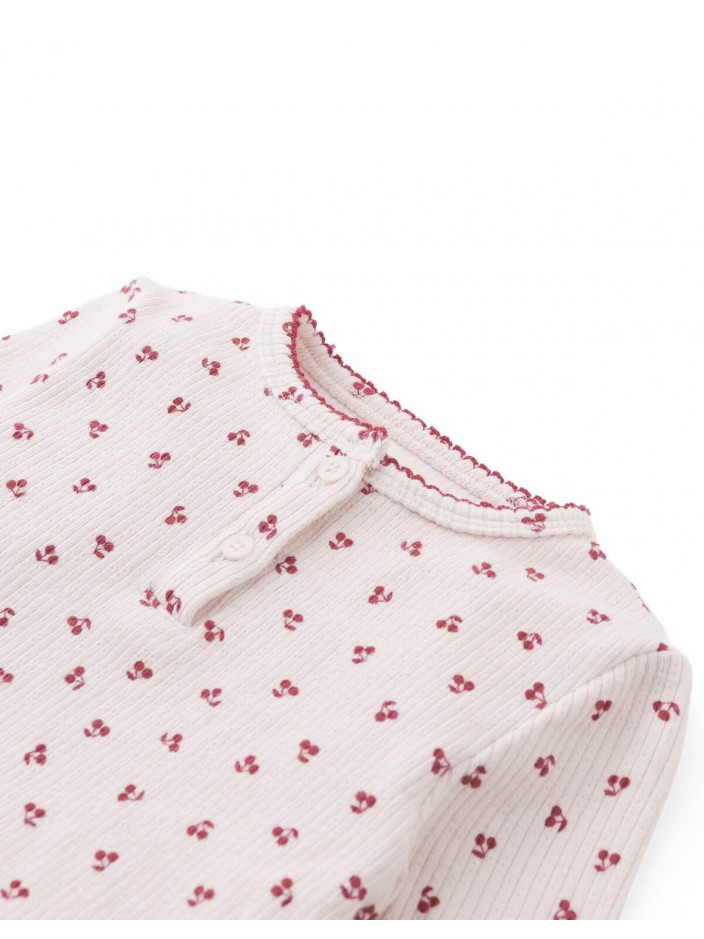Baby Apolinaria Pointelle Ribbed Tee in All-Over Cherry Print with Button Placket & Ruffled Neckline