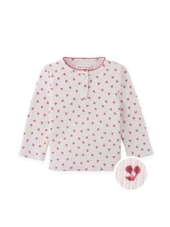 Baby Apolinaria Pointelle Ribbed Tee in All-Over Cherry Print with Button Placket & Ruffled Neckline