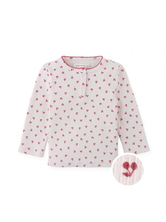 Baby Apolinaria Pointelle Ribbed Tee in All-Over Cherry Print with Button Placket & Ruffled Neckline