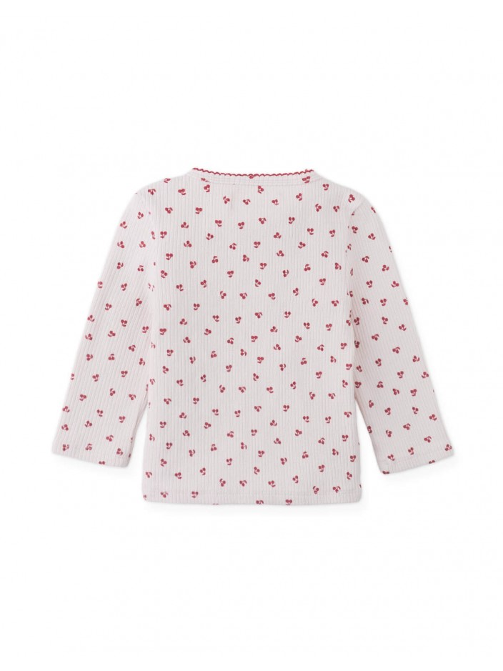 Baby Apolinaria Pointelle Ribbed Tee in All-Over Cherry Print with Button Placket & Ruffled Neckline