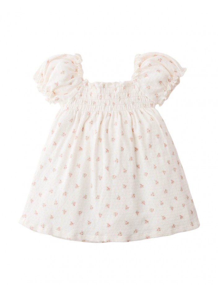 Baby Ianna Floral Smocked Dress with Puff Sleeves and Rosette Appliqué