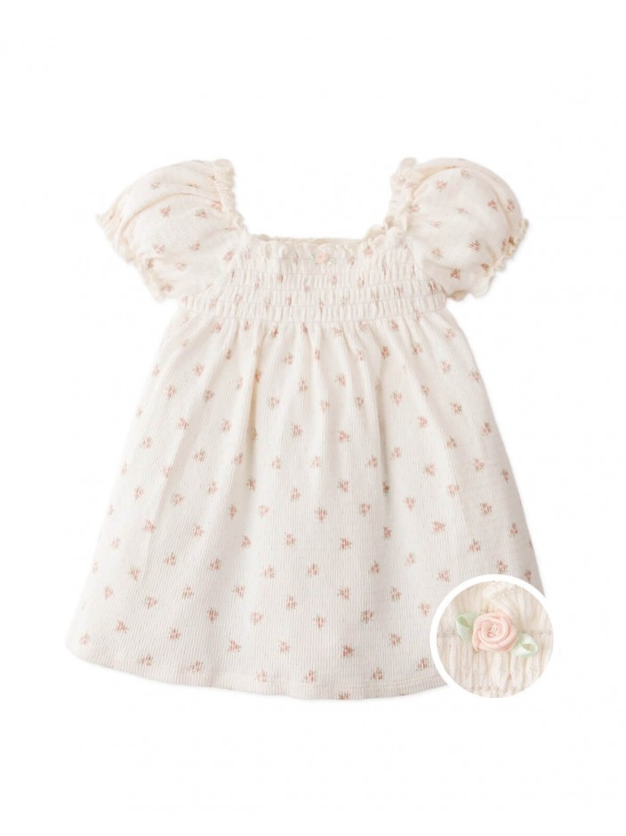 Baby Ianna Floral Smocked Dress with Puff Sleeves and Rosette Appliqué
