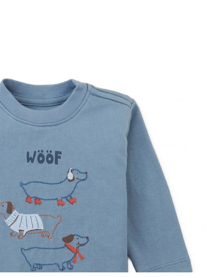 Baby Myron Graphic Tee with “Woof Walks” Graphic and Embroidered Outline