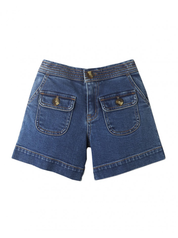 Girls Denim Utility Short with Patch Pockets and Contrast Top