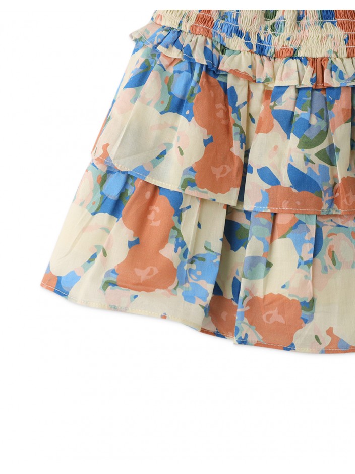 Girls' Floral Print Tiered Skirt with Smocked Yoke