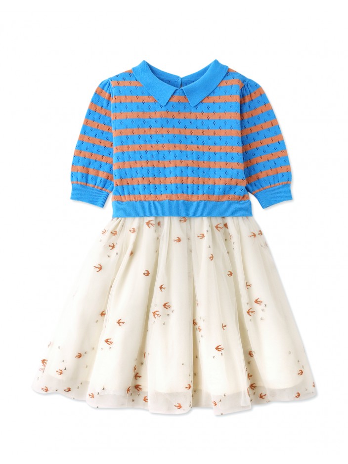 Girls' Knitted Bodice Dress with Bird Embroidered Skirt