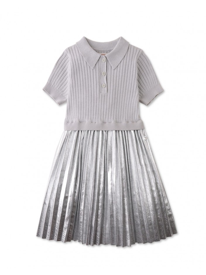 Girls' Knitted Bodice Dress with Metallic Pleated Skirt