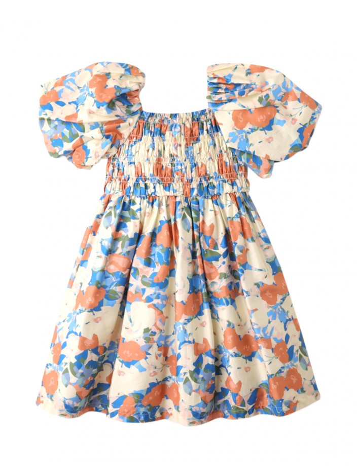 Girls' Toile Print Dress with Smocked Bodice & Bubble Sleeves