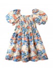 Girls' Toile Print Dress with Smocked Bodice & Bubble Sleeves