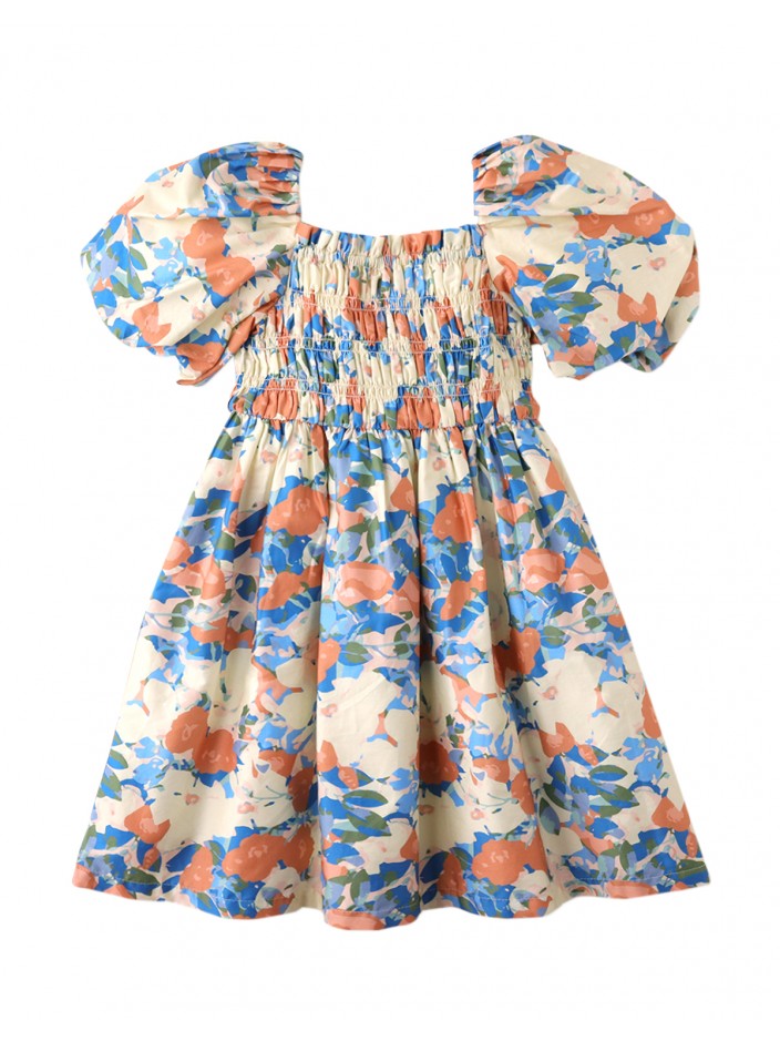 Girls' Toile Print Dress with Smocked Bodice & Bubble Sleeves