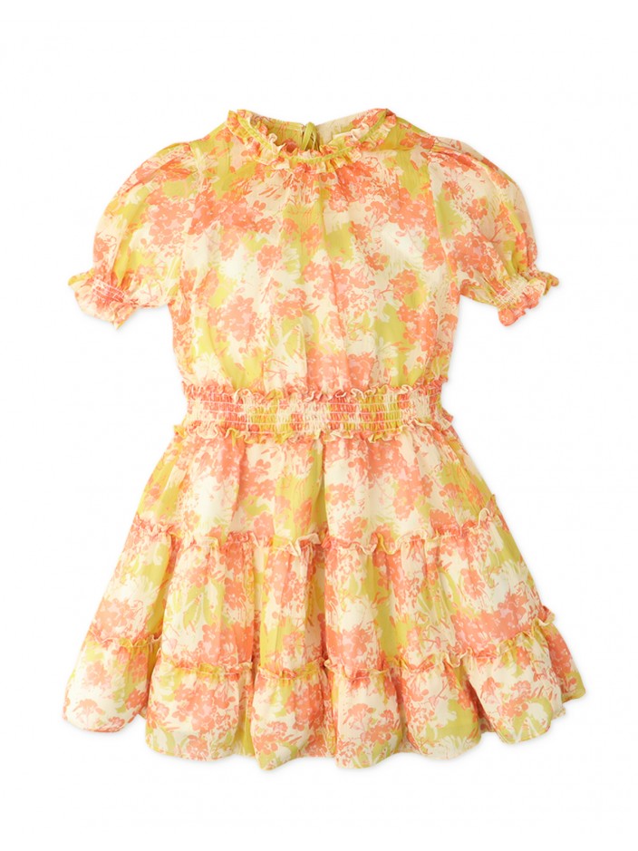 Girls' Smocked Waist Tiered Dress with Puff Sleeves