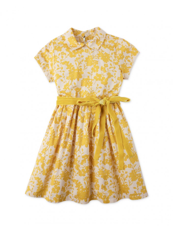 Baby Girls' Floral Print Waisted Dress with Collar and Sash